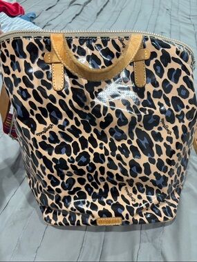 Consuela Beige Leopard Print Tote with Black Accents